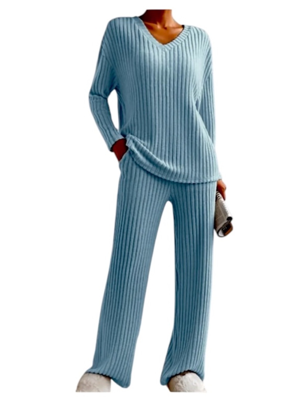 LEO ROSI | Women's Blue Long Sleeve Ribbed Knit Lounge Set Sz XL